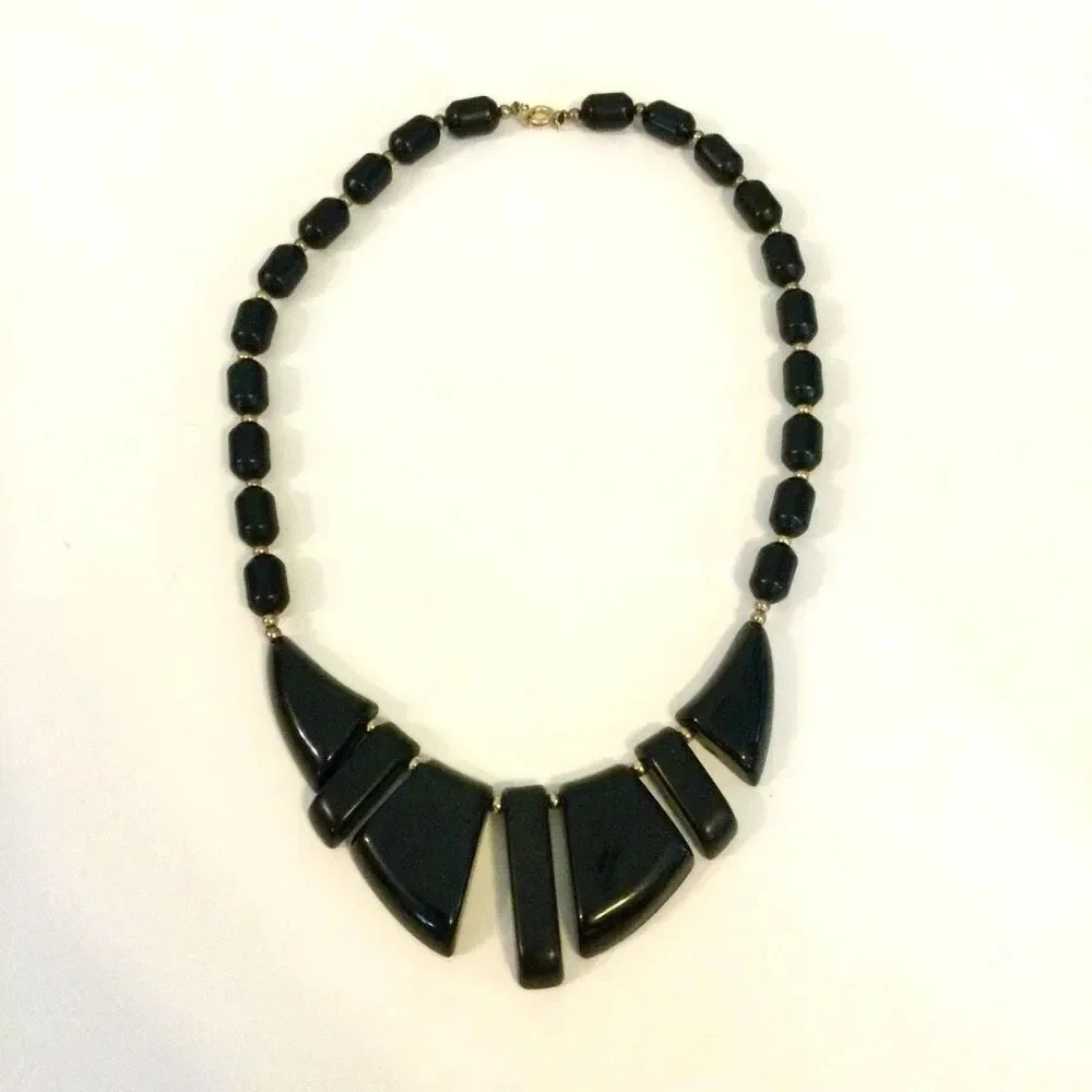 Vintage Womens Black Paddle Barrel Shape Beads Chunky Statement Necklace Jewelry